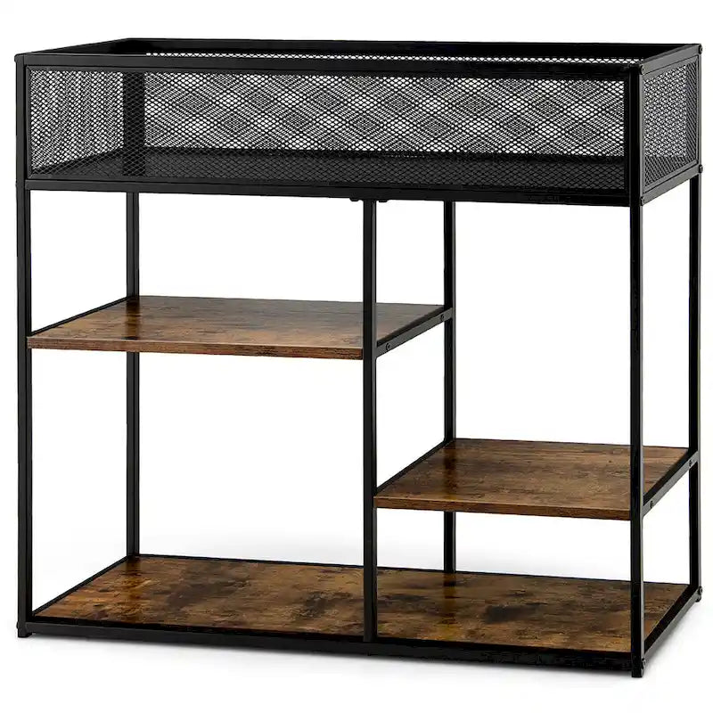 Mesa consola de 4 niveles con cesta de alambre, mesa de sofá estrecha con estante