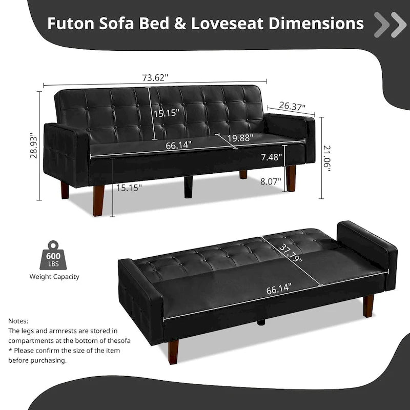 Sofá cama futón de piel sintética de mediados de siglo de 74 pulgadas, sofá de 3 plazas con botones para sala de estar o dormitorio