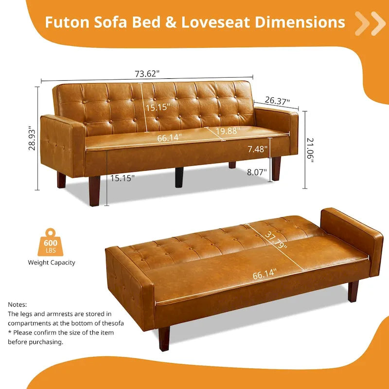 Sofá cama futón de piel sintética de mediados de siglo de 74 pulgadas, sofá de 3 plazas con botones para sala de estar o dormitorio