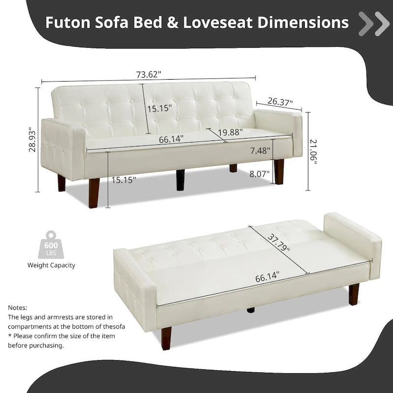 Sofá cama futón de piel sintética de mediados de siglo de 74 pulgadas, sofá de 3 plazas con botones para sala de estar o dormitorio