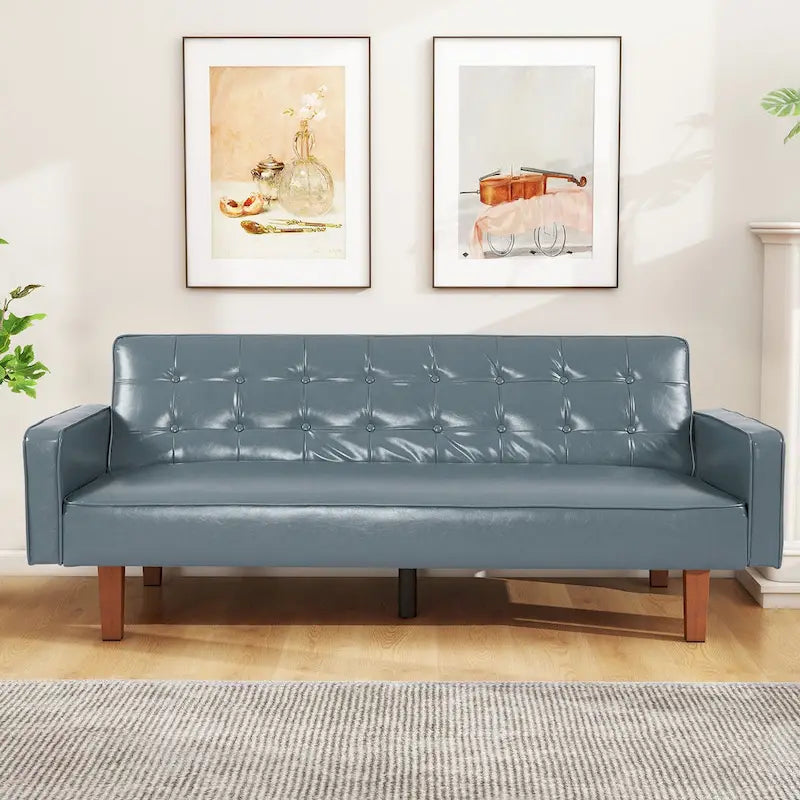 Sofá cama futón de piel sintética de mediados de siglo de 74 pulgadas, sofá de 3 plazas con botones para sala de estar o dormitorio