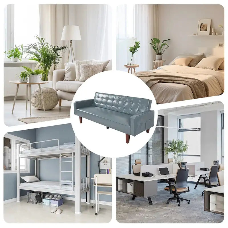Sofá cama futón de piel sintética de mediados de siglo de 74 pulgadas, sofá de 3 plazas con botones para sala de estar o dormitorio