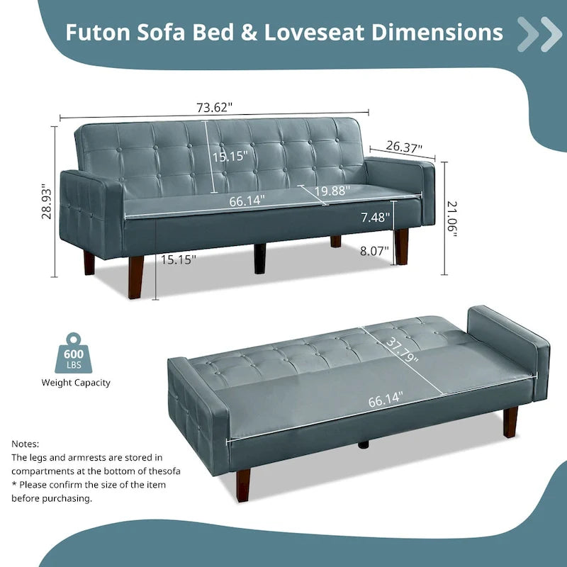Sofá cama futón de piel sintética de mediados de siglo de 74 pulgadas, sofá de 3 plazas con botones para sala de estar o dormitorio