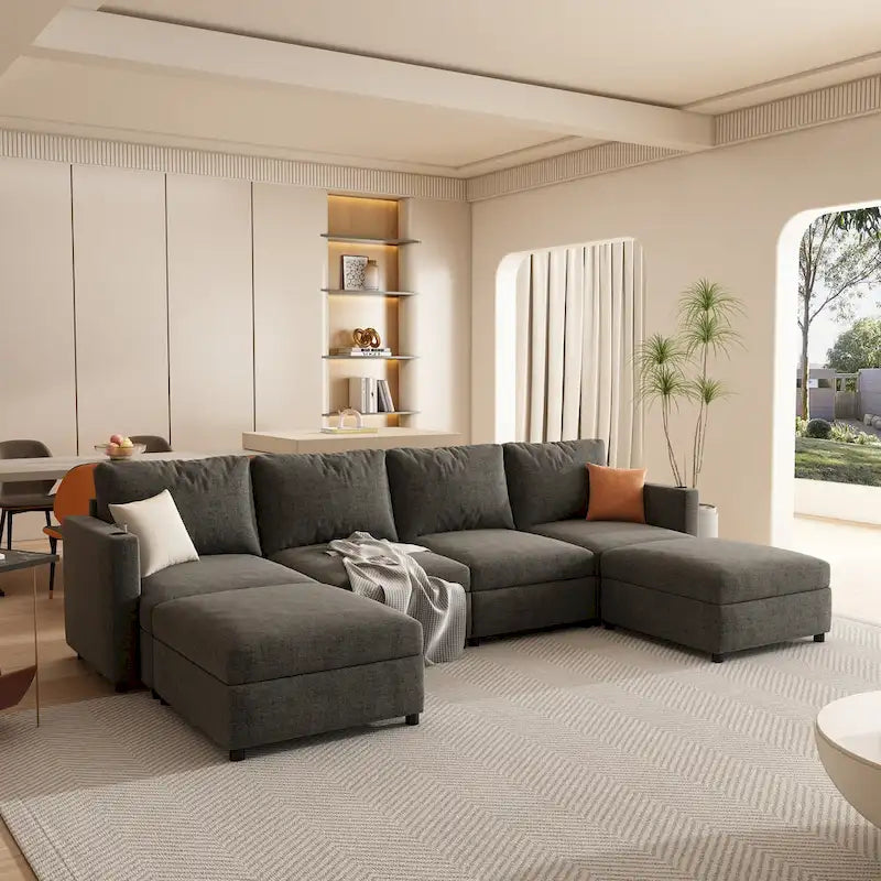 Sofá seccional modular en forma de U de 4 plazas gris 123 con otomanas de almacenamiento