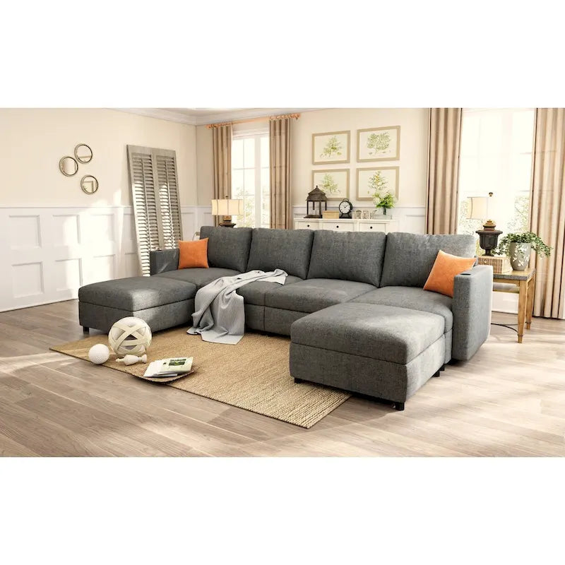 Sofá seccional modular en forma de U de 4 plazas gris 123 con otomanas de almacenamiento