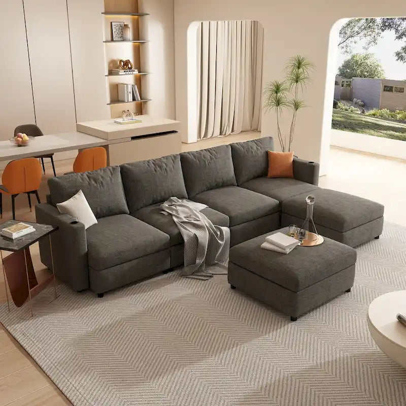 Sofá seccional modular en forma de U de 4 plazas gris 123 con otomanas de almacenamiento