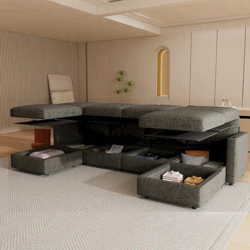 Sofá seccional modular en forma de U de 4 plazas gris 123 con otomanas de almacenamiento