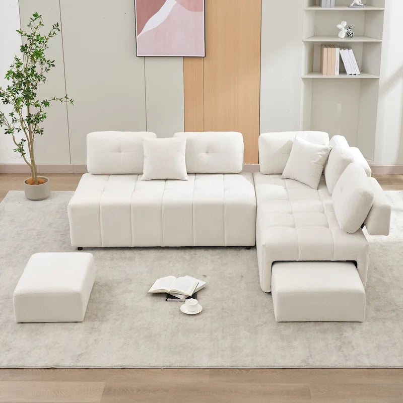 Sofá seccional de 4 plazas en forma de L de 91.73 pulgadas con 2 taburetes ocultos, 2 almohadas lumbares extraíbles y tapicería de chenilla duradera