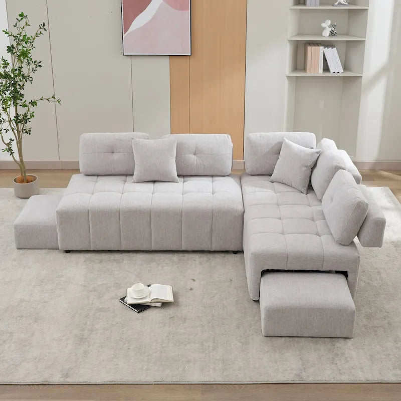 Sofá seccional de 4 plazas en forma de L de 91.73 pulgadas con 2 taburetes ocultos, 2 almohadas lumbares extraíbles y tapicería de chenilla duradera