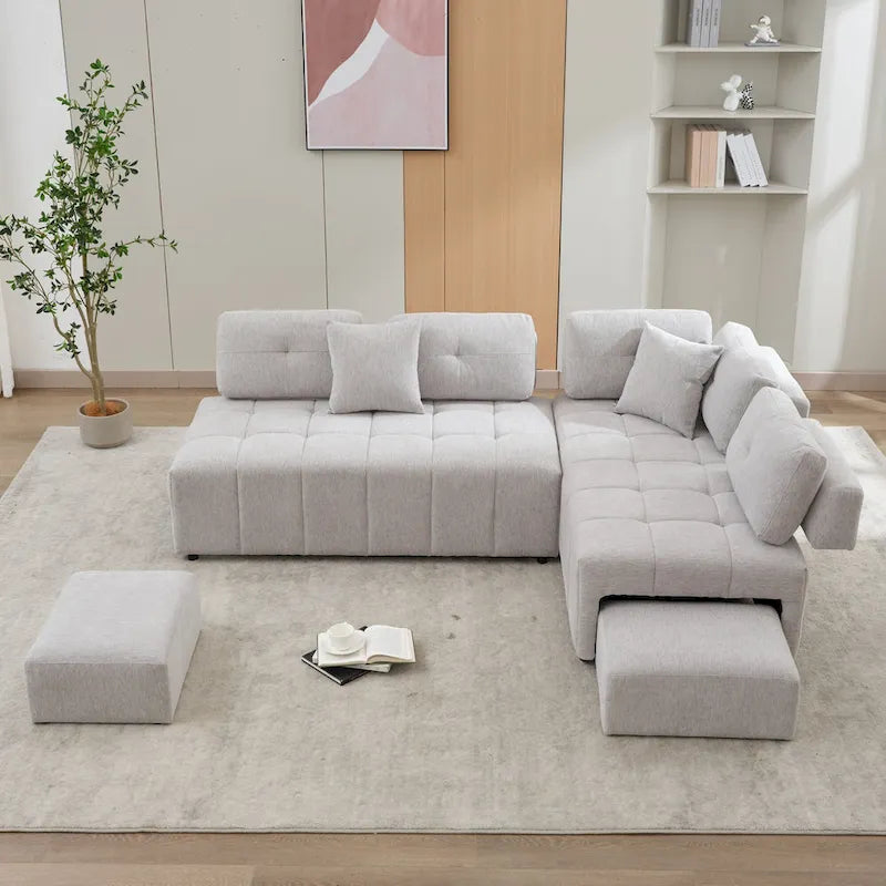 Sofá seccional de 4 plazas en forma de L de 91.73 pulgadas con 2 taburetes ocultos, 2 almohadas lumbares extraíbles y tapicería de chenilla duradera