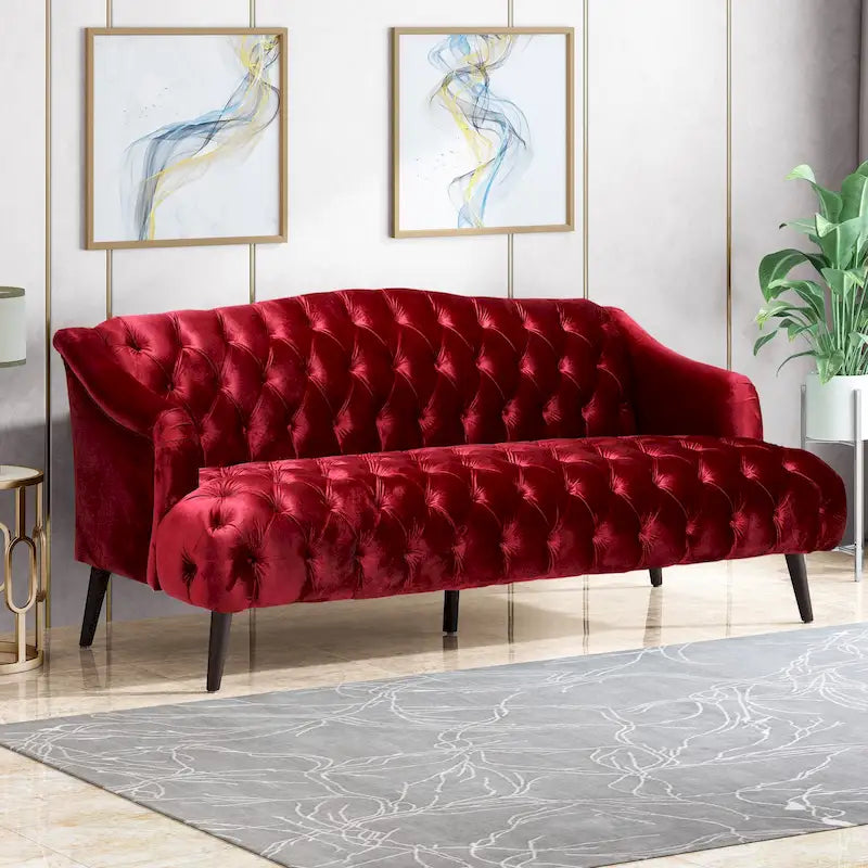 Sofá de tres plazas moderno color vino tinto de 73.25" con botones capitoné y patas de madera de abedul para sala de estar