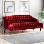 Sofá de tres plazas moderno color vino tinto de 73.25" con botones capitoné y patas de madera de abedul para sala de estar
