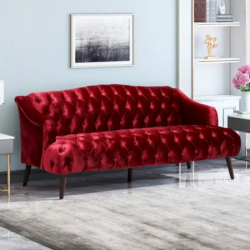 Sofá de tres plazas moderno color vino tinto de 73.25" con botones capitoné y patas de madera de abedul para sala de estar