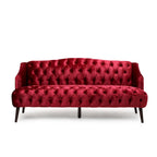 Sofá de tres plazas moderno color vino tinto de 73.25" con botones capitoné y patas de madera de abedul para sala de estar