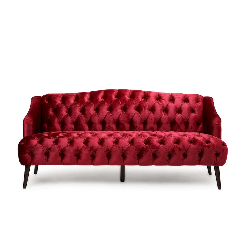 Sofá de tres plazas moderno color vino tinto de 73.25" con botones capitoné y patas de madera de abedul para sala de estar