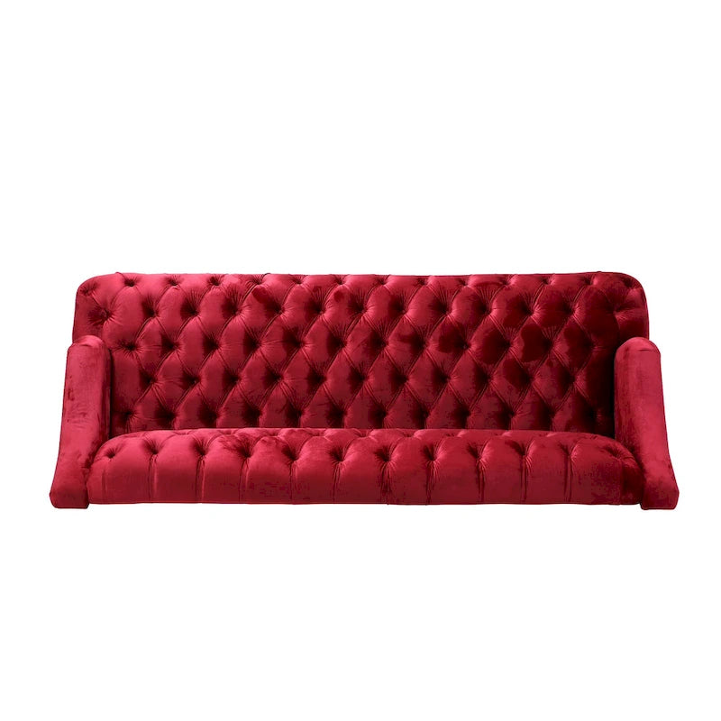 Sofá de tres plazas moderno color vino tinto de 73.25" con botones capitoné y patas de madera de abedul para sala de estar