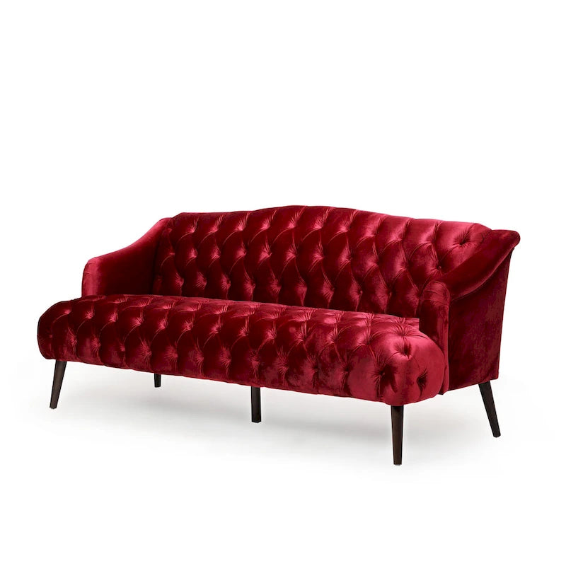 Sofá de tres plazas moderno color vino tinto de 73.25" con botones capitoné y patas de madera de abedul para sala de estar