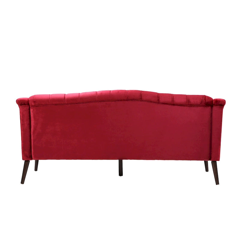 Sofá de tres plazas moderno color vino tinto de 73.25" con botones capitoné y patas de madera de abedul para sala de estar