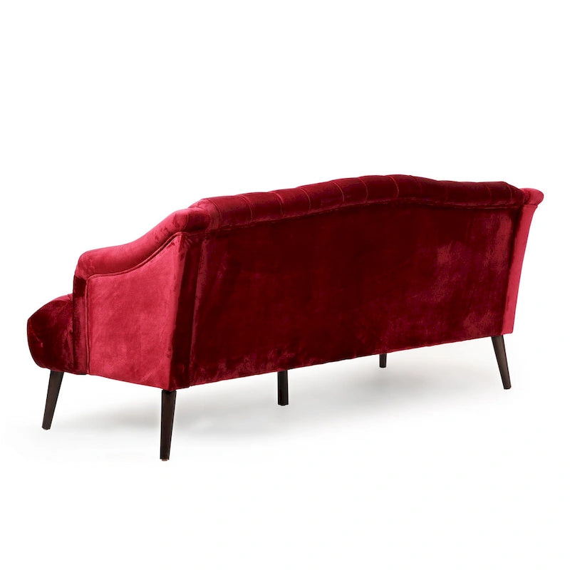 Sofá de tres plazas moderno color vino tinto de 73.25" con botones capitoné y patas de madera de abedul para sala de estar