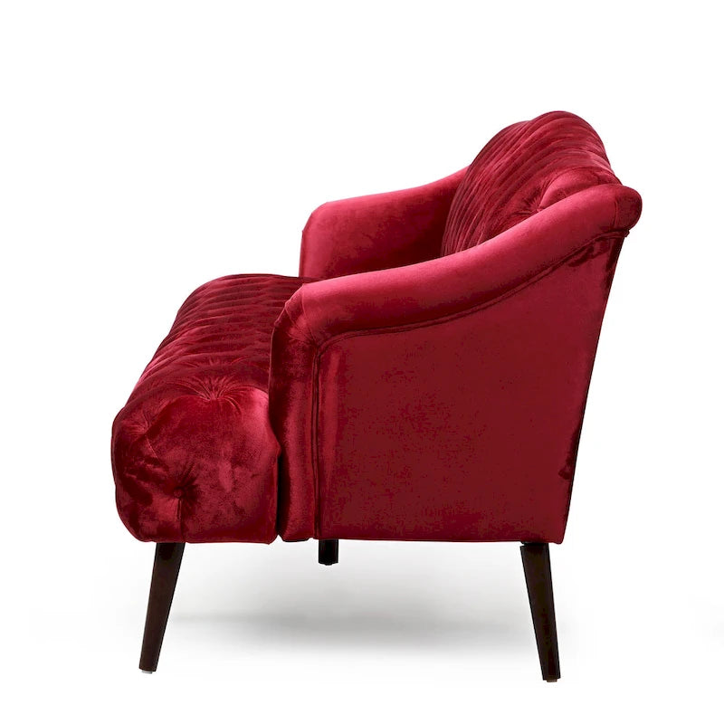 Sofá de tres plazas moderno color vino tinto de 73.25" con botones capitoné y patas de madera de abedul para sala de estar