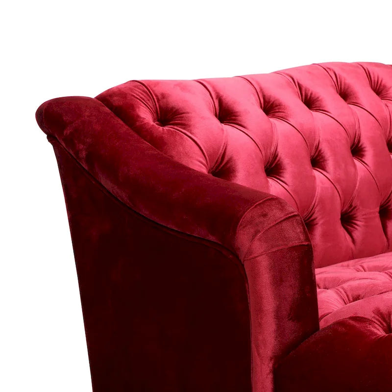 Sofá de tres plazas moderno color vino tinto de 73.25" con botones capitoné y patas de madera de abedul para sala de estar