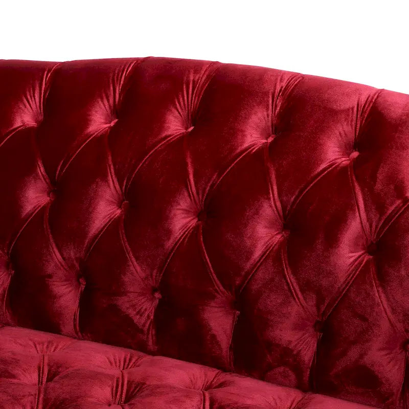 Sofá de tres plazas moderno color vino tinto de 73.25" con botones capitoné y patas de madera de abedul para sala de estar