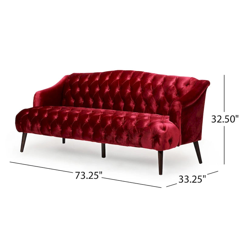 Sofá de tres plazas moderno color vino tinto de 73.25" con botones capitoné y patas de madera de abedul para sala de estar