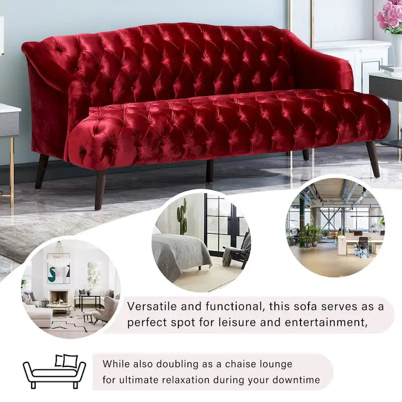Sofá de tres plazas moderno color vino tinto de 73.25" con botones capitoné y patas de madera de abedul para sala de estar