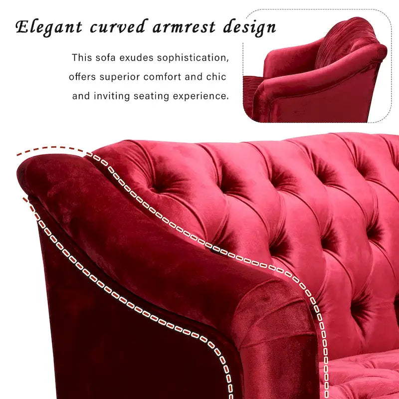 Sofá de tres plazas moderno color vino tinto de 73.25" con botones capitoné y patas de madera de abedul para sala de estar