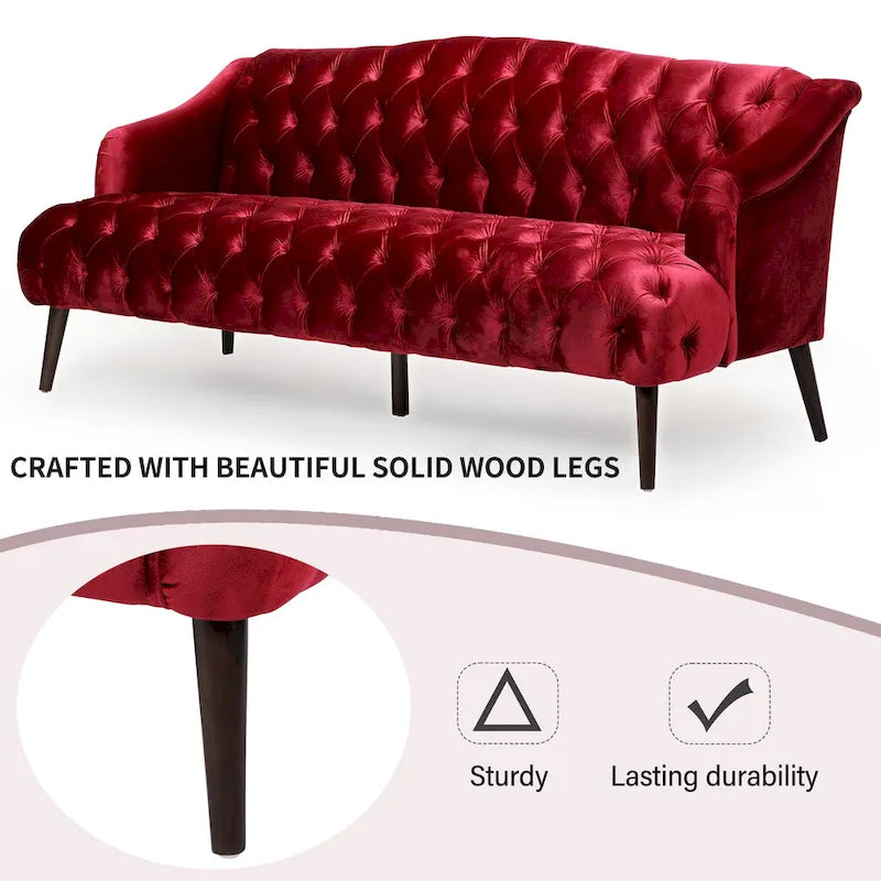 Sofá de tres plazas moderno color vino tinto de 73.25" con botones capitoné y patas de madera de abedul para sala de estar