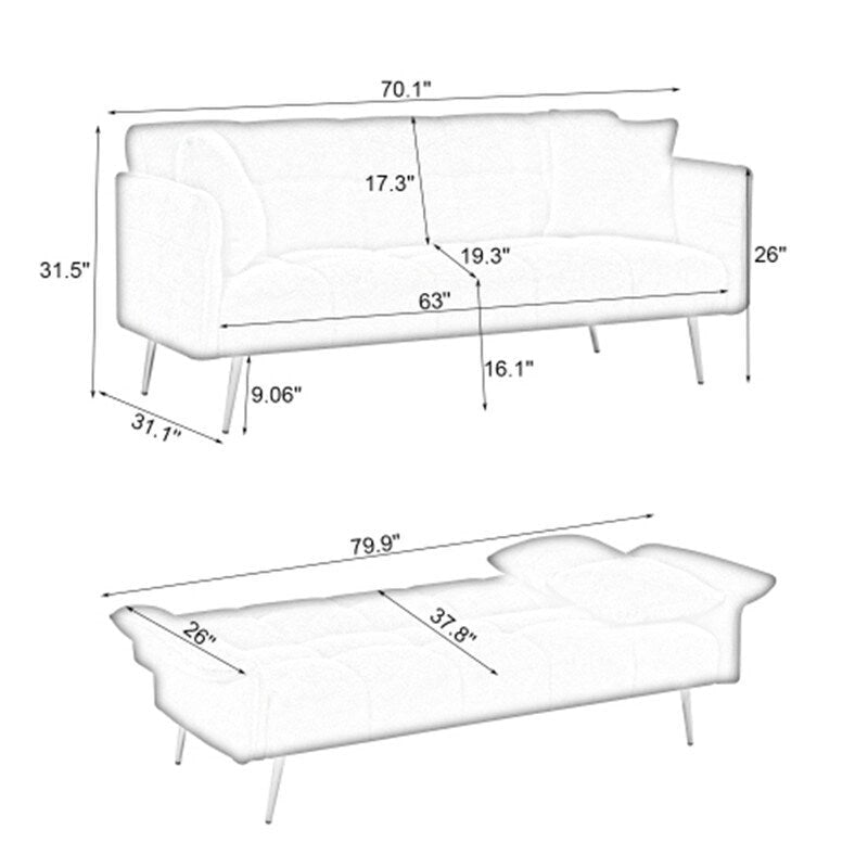 Sofá cama tapizado en terciopelo Teddy de 79,92" con respaldo y reposabrazos ajustables