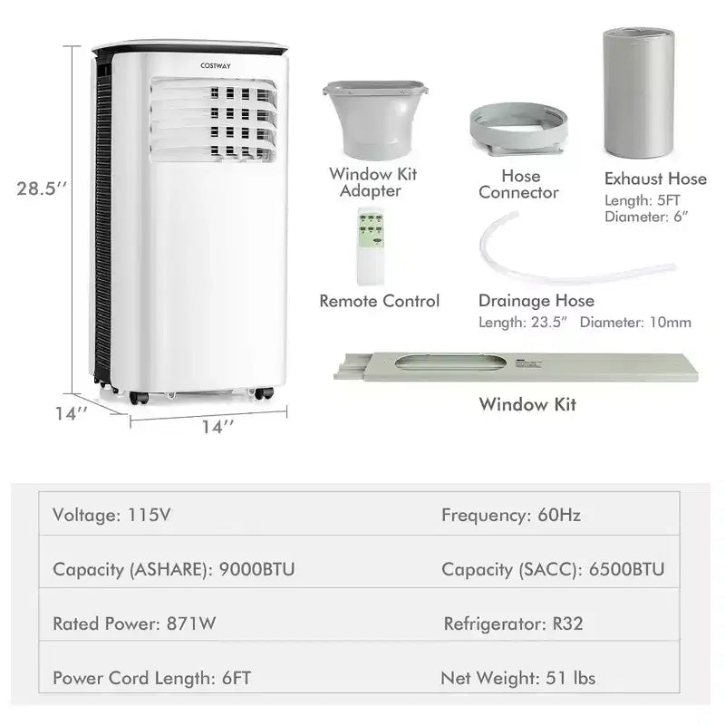 Costway 6500 BTU (9000 BTU ASHRAE) Air Cooler 3 in 1 Portable Air Conditioner w/Fan & Dehumidifier