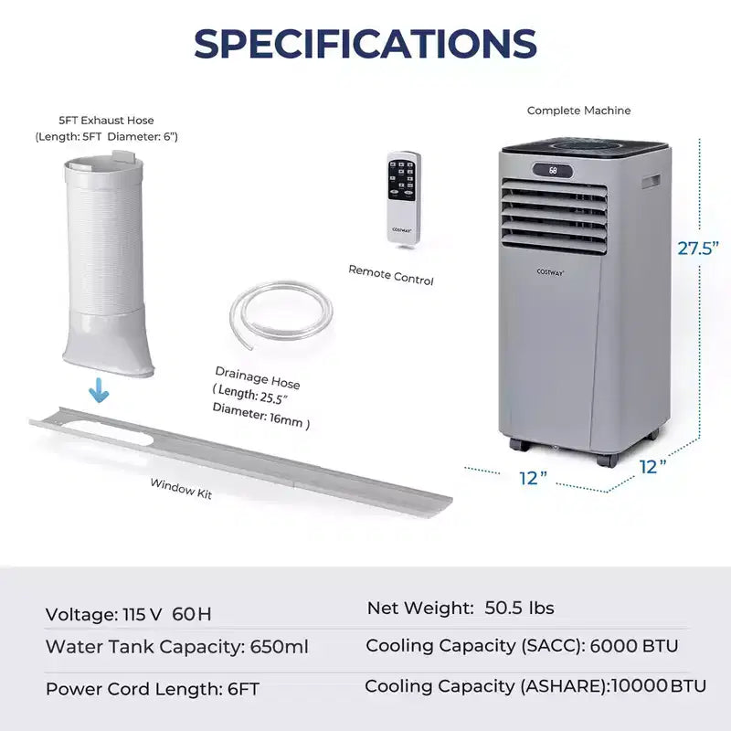 Costway 6000 BTU (10000 BTU ASHRAE) Portable Air Conditioner w/ Remote Control 3-in-1 Air Cooler w/ Drying