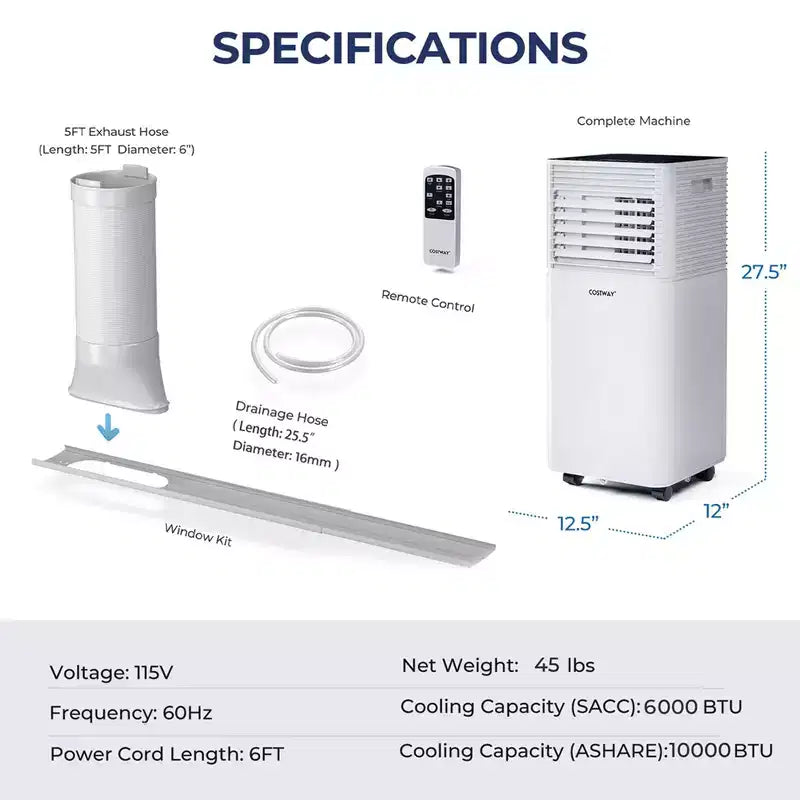 Costway 10000 BTU ASHRAE Portable Air Conditioner 3-in-1 Air Cooler w/Dehumidifier & Fan Mode