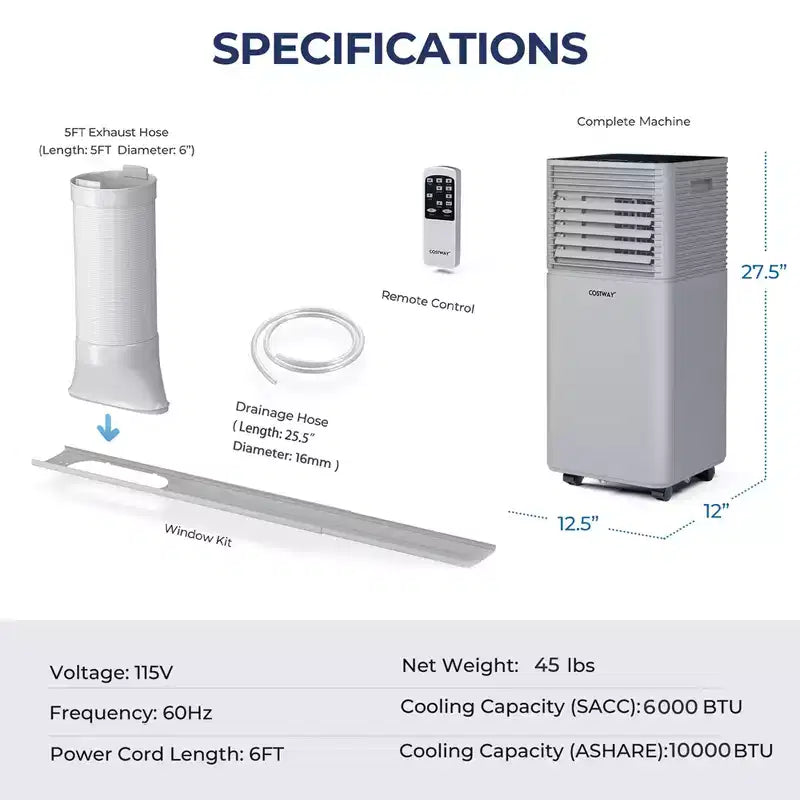 Costway 10000 BTU ASHRAE Portable Air Conditioner 3-in-1 Air Cooler w/Dehumidifier & Fan Mode