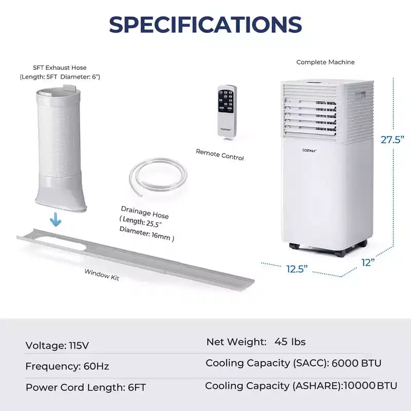 Costway 10000 BTU ASHRAE Portable Air Conditioner 3-in-1 Air Cooler w/Dehumidifier & Fan Mode
