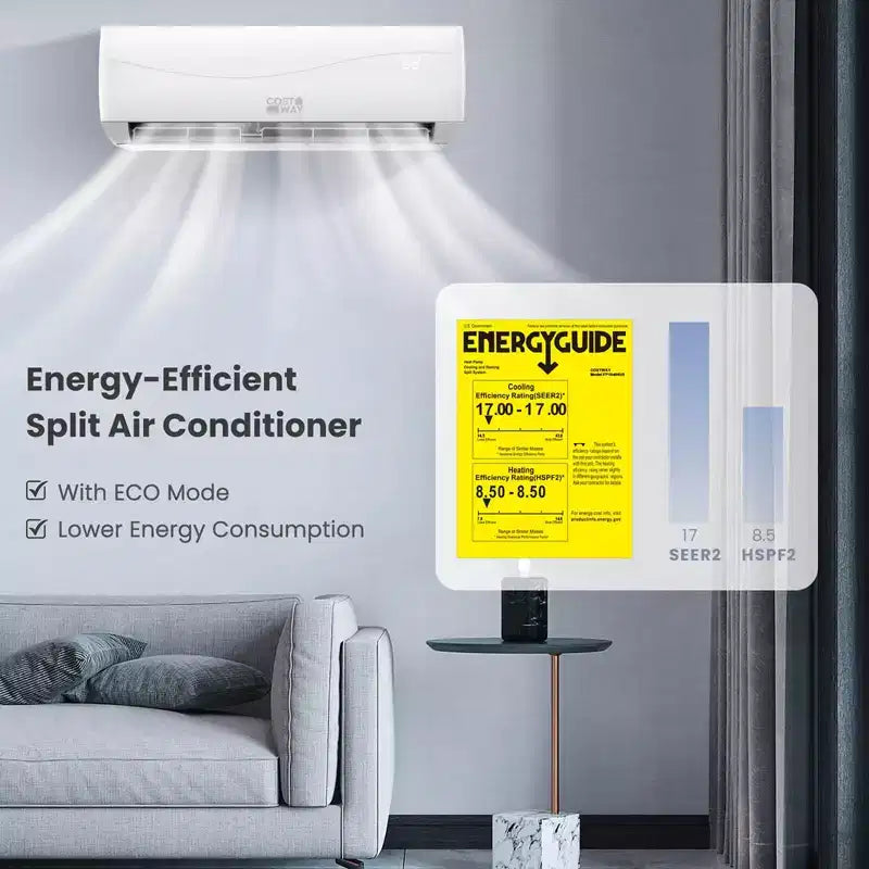 Costway Aire Acondicionado y Calefactor Mini Split sin Ductos de 12000 BTU, 17 SEER2, 70 m²