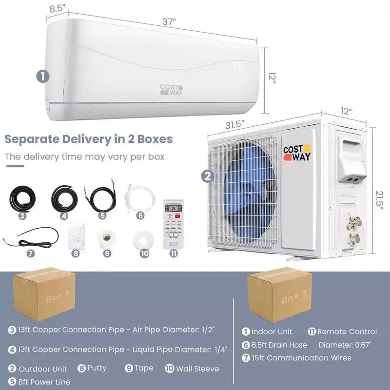 Costway 18000 BTU Mini Split Air Conditioner & Heater 19 SEER2 1250 Sq. Ft Coverage