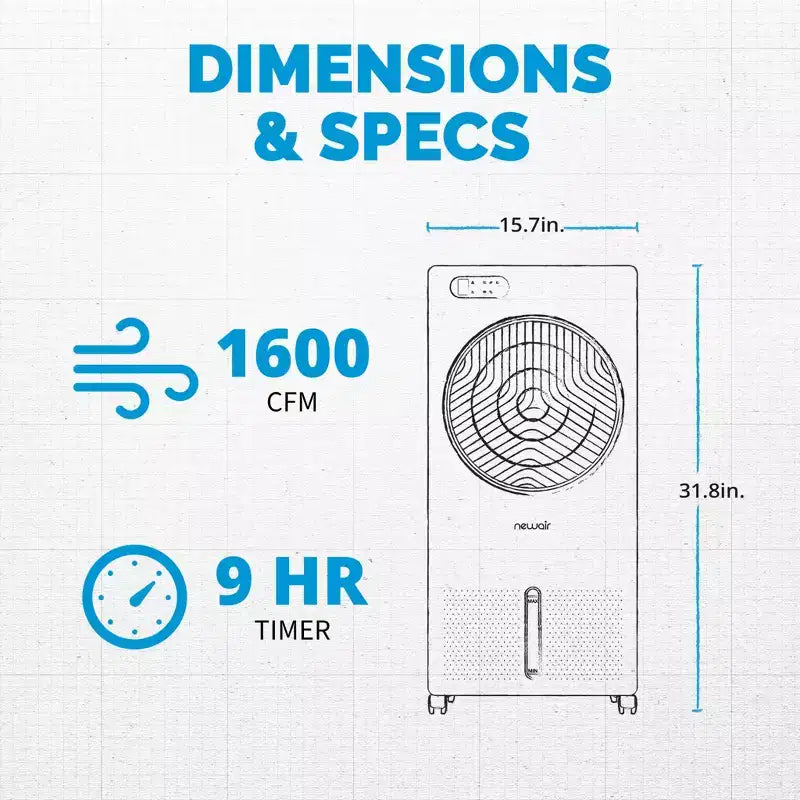 Newair Evaporative Air Cooler and Portable Cooling Fan, 1600 CFM AC Swamp Cooler, Top Loading Ice Chamber, 3.16 Gallon Removable Water Tank