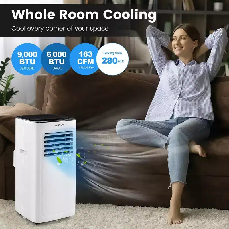 Costway Aire Acondicionado Portátil 3 en 1 de 6000 BTU (9000 BTU ASHAR) con Modo Frío, Deshumidificador, Ventilador y Suspensión
