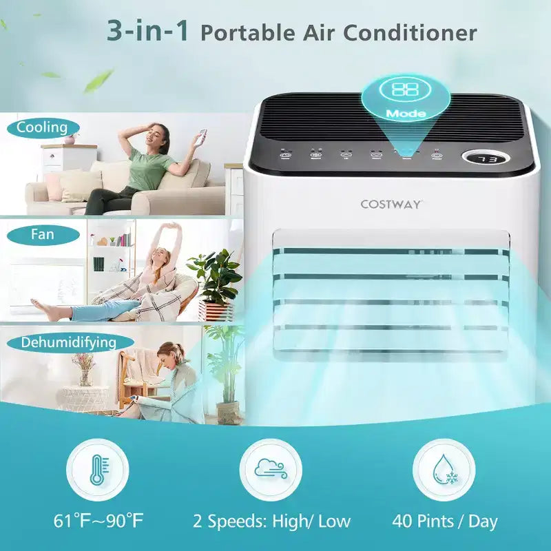 Aire Acondicionado Portátil Costway 8000 BTU Enfriador de Aire 3 en 1 con Ventilador Deshumidificador Modo Sueño