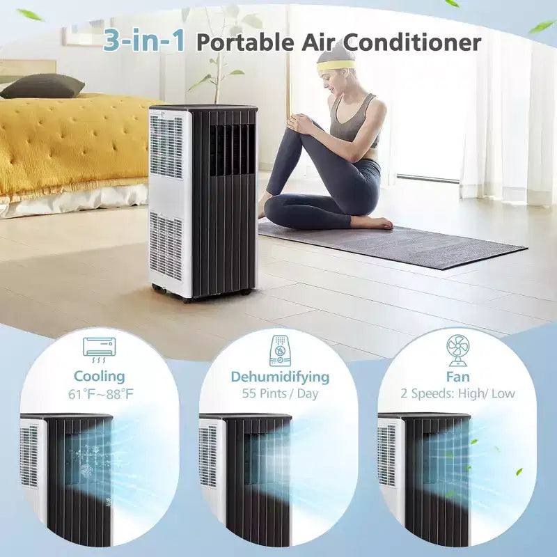 Aire Acondicionado Portátil Costway 7100 BTU (10000 BTU ASHARE) Unidad de CA 3 en 1 con Enfriamiento, Deshumidificación, Ventilador y Modo Noche