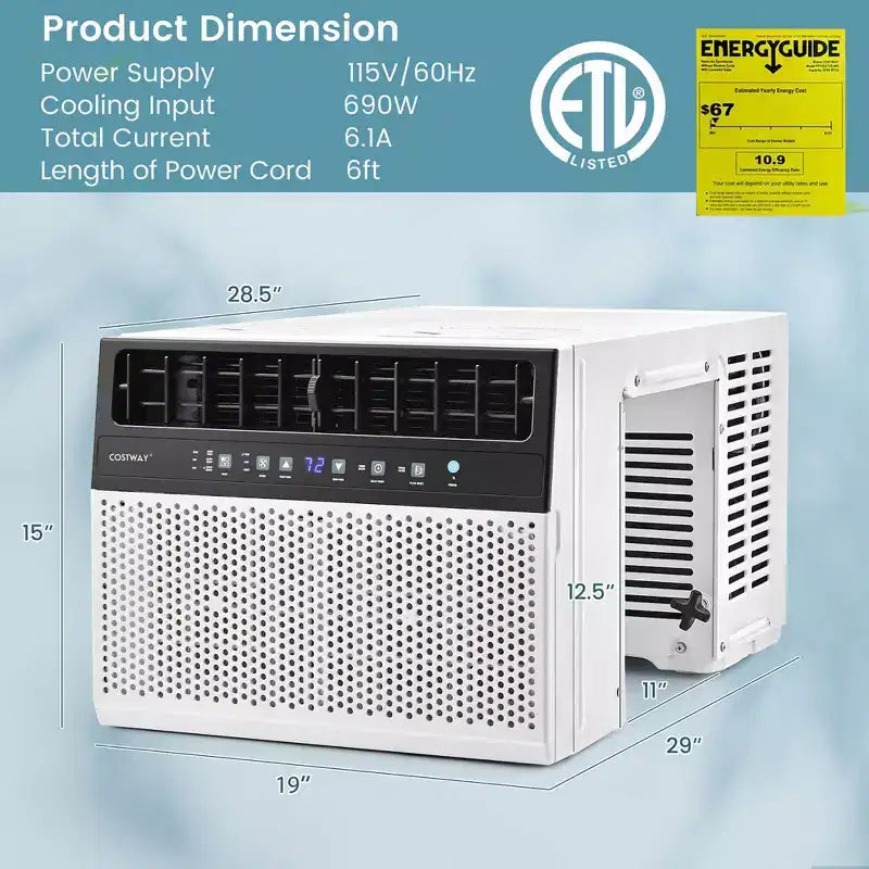 Costway 8100 BTU (12000 BTU Ashrae) Window Air Conditioner with Remote, LED Control Panel, up to 400 Sq.Ft.