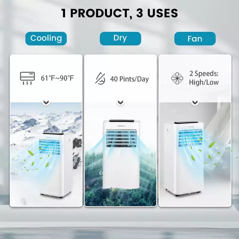 Costway 8000 BTU Portable Air Conditioner 3-in-1 AC Unit with Cool Fan Dehum Sleep Mode