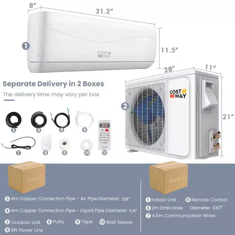 Costway 9000 BTU Split Air Conditioner & Heater Wall Mount AC Unit with Remote Control