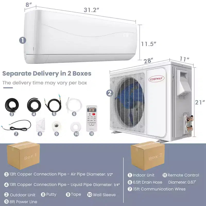 Costway 9000 BTU Split Air Conditioner & Heater Wall Mount AC Unit with Remote Control