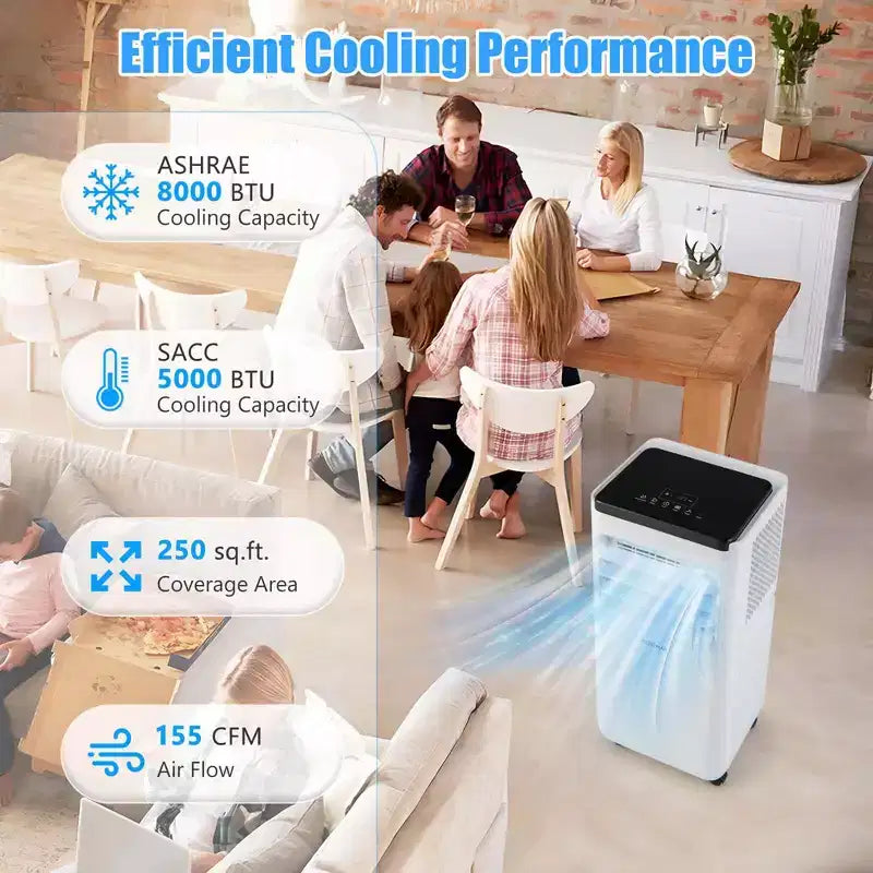 Aire Acondicionado Portátil Costway de 8000 BTU, enfría hasta 23.2 m² con Ventilador y Deshumidificador de 5000 BTU (8000BTU ASHRAE)