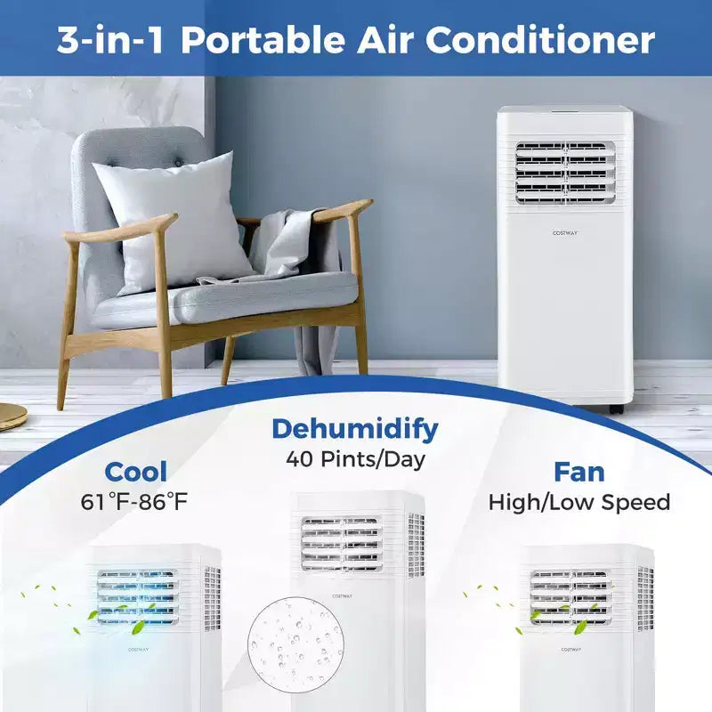 Acondicionador de aire portátil Costway de 8000 BTU, unidad de CA 3 en 1 con ventilador y deshumidificador, modo reposo, 5100 BTU (8000 BTU ASHRAE)