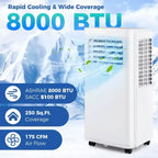 Acondicionador de aire portátil Costway de 8000 BTU, unidad de CA 3 en 1 con ventilador y deshumidificador, modo reposo, 5100 BTU (8000 BTU ASHRAE)