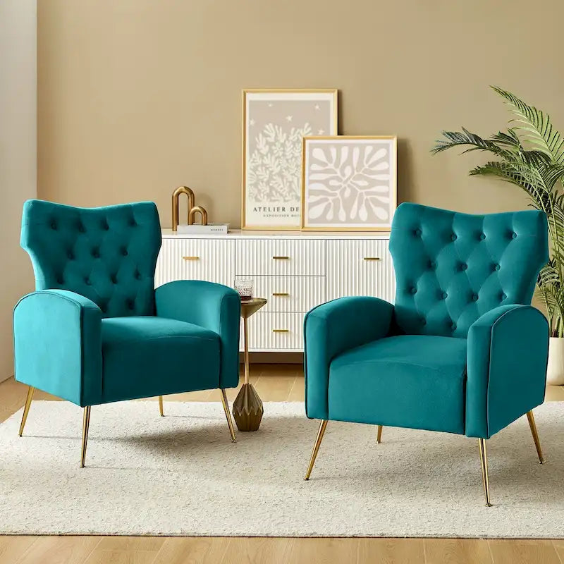 Sillón Contemporáneo de Terciopelo con Respaldo Alto, Botones Decorativos y Patas de Metal Doradas Abocinadas
